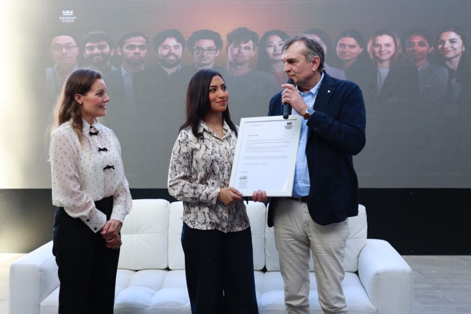 Kjell Madland, Managing Director of Norway Chess, presents the official invitation to participate in the Norway Chess Open 2025 to Rouda Al Serkal, the UAE’s first Woman Grandmaster, as Benedicte Westre Skog, COO of Norway Chess, looks on during the official press conference held at the Seven Seas Hotel in Dubai on Wednesday. Photo Credit: Joy Dasgupta/Norway chess